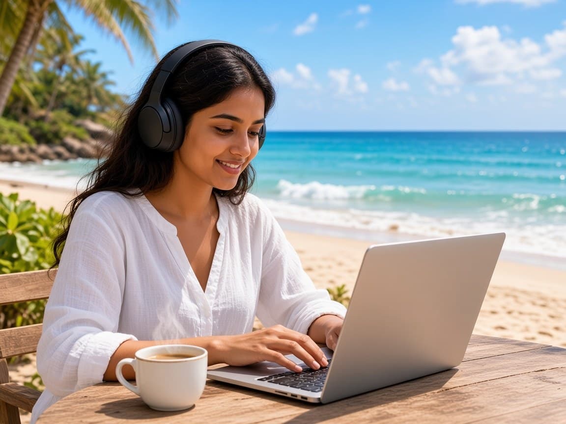 A freelancer in headphones working on a laptop with coffee, sea behind her
