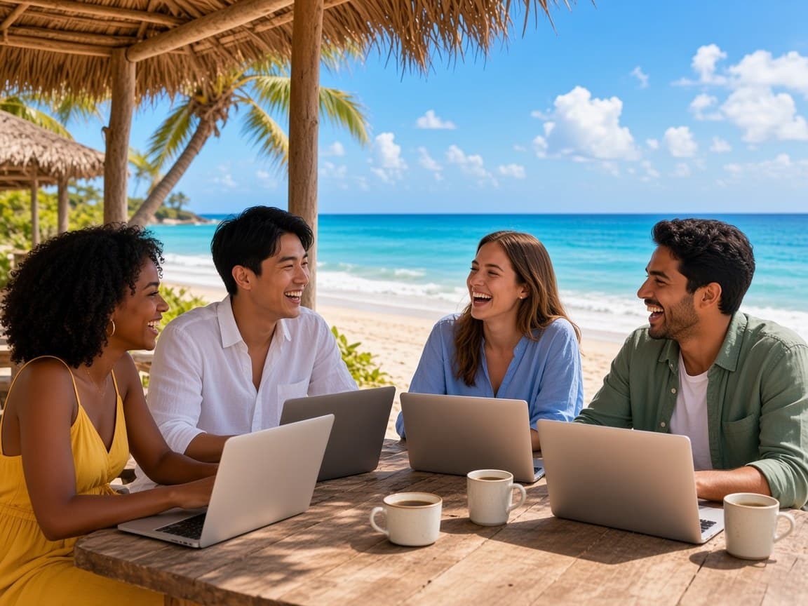 A remote team laughing together around a table with laptops at a beachside workspace