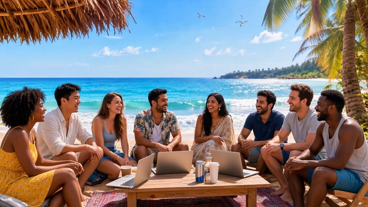 A diverse group of young remote workers laughing together with laptops and coffee on a sunny beach