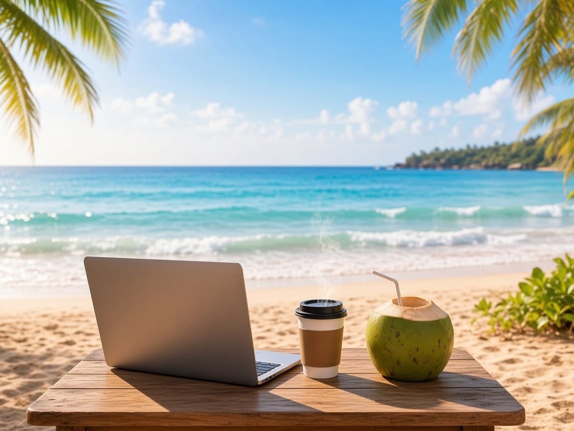 A laptop, a coffee and a fresh coconut on a wooden table facing a bright turquoise sea in morning light