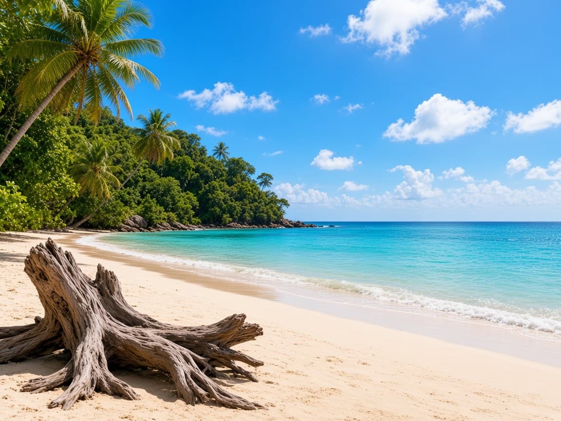 Turquoise water and white sand with driftwood on an Andaman Islands beach