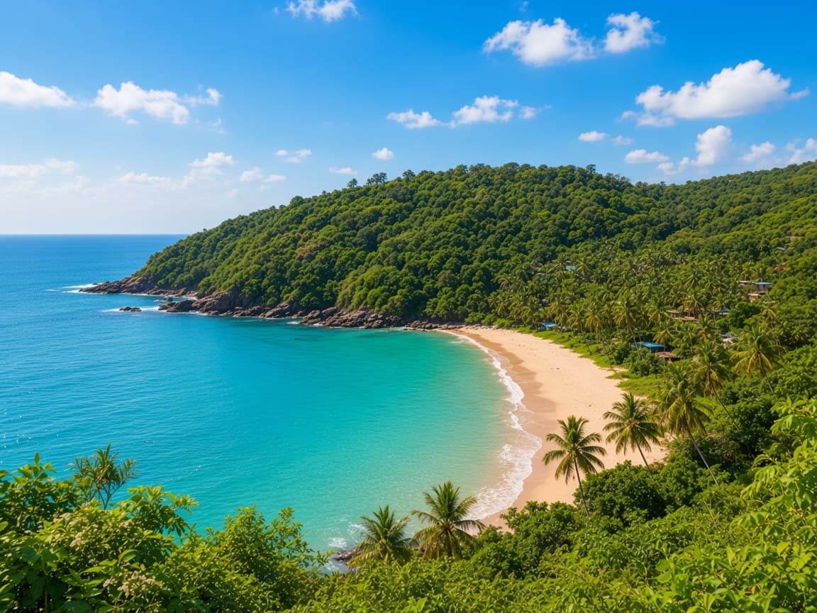 Green headland and a turquoise cove with a small sandy beach at Gokarna