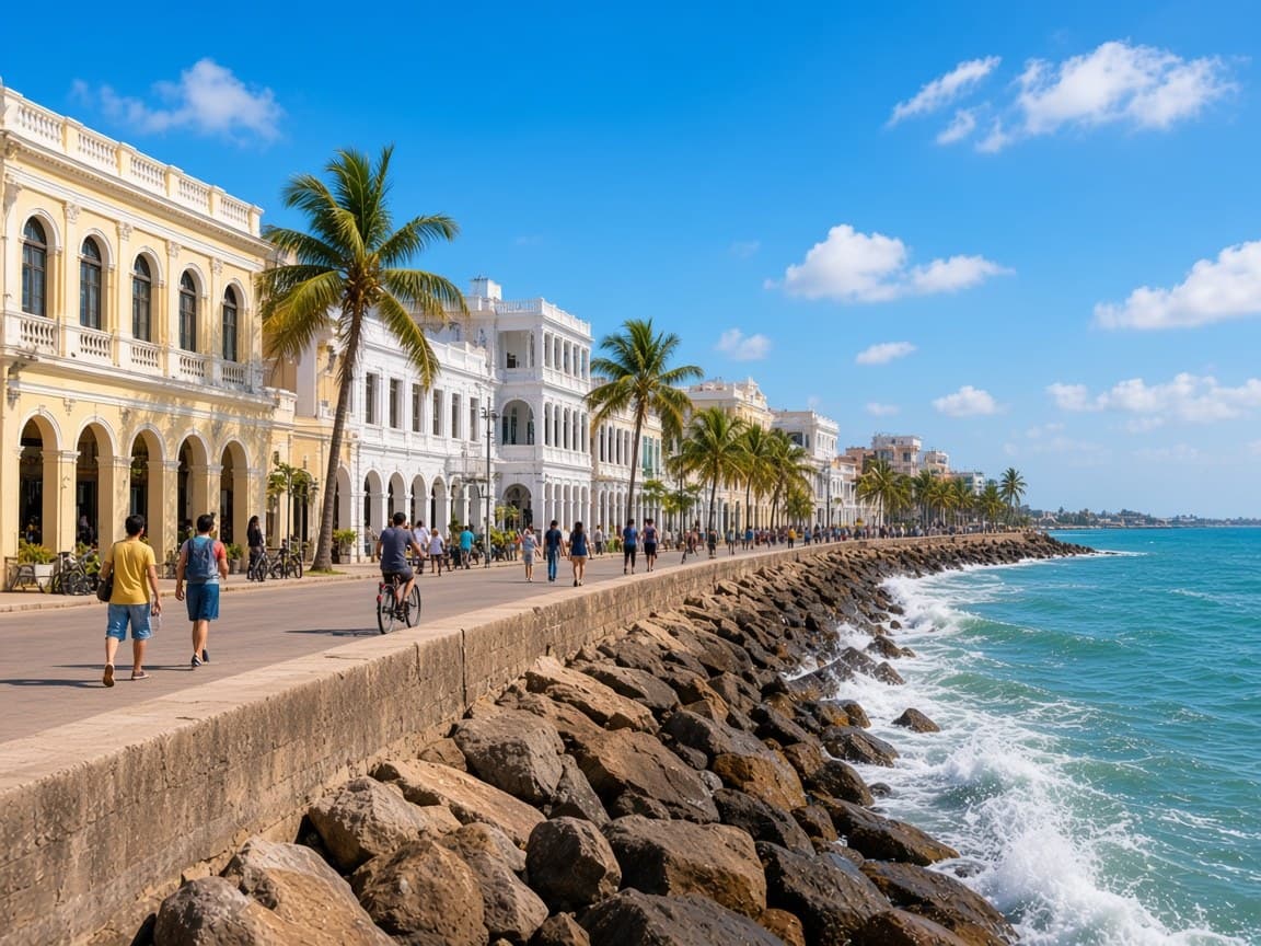 Sunny seafront promenade with yellow and white heritage buildings and a rocky seawall in Pondicherry