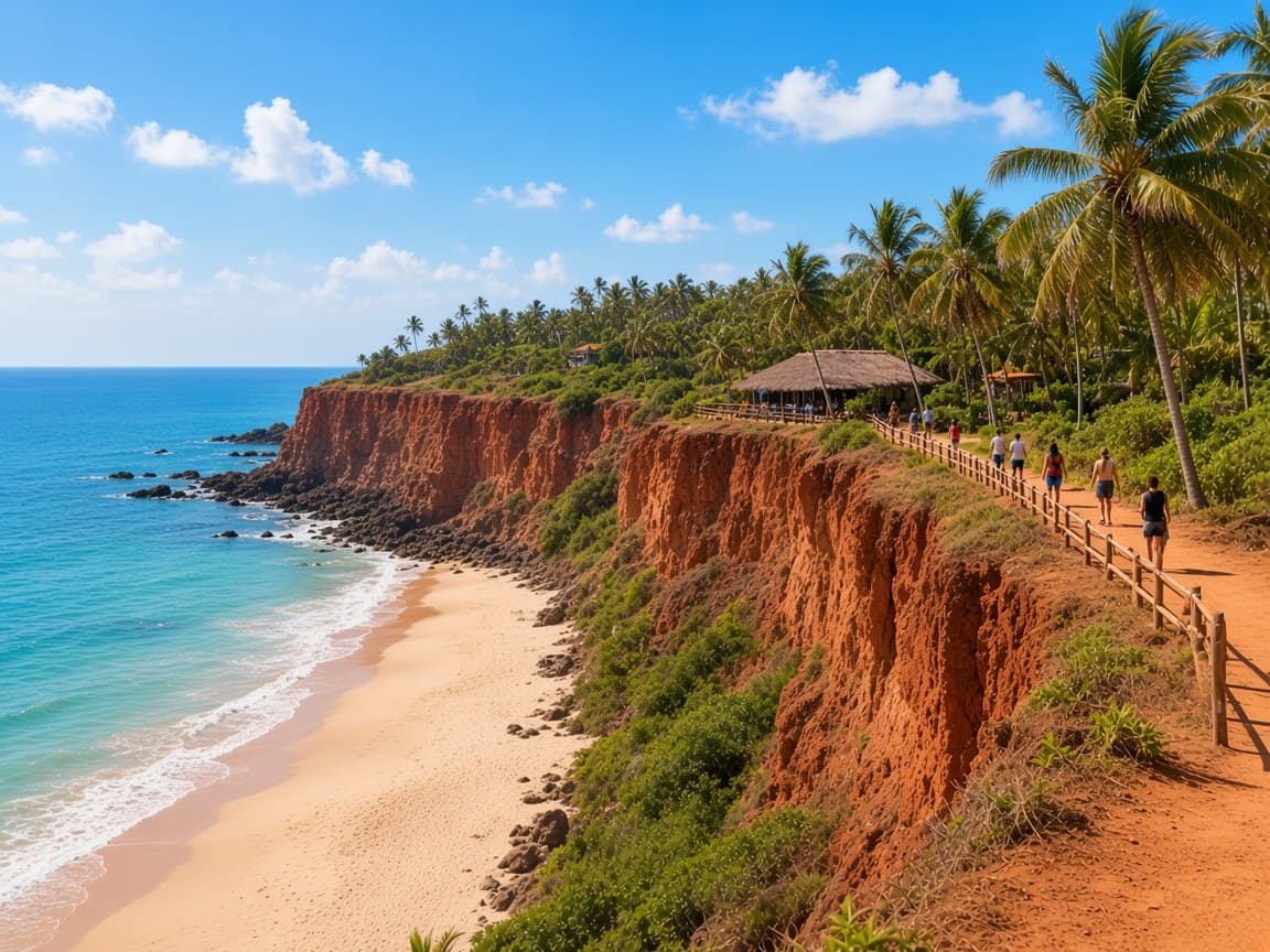 Red cliffs lined with palm trees and a walking path above the turquoise Arabian Sea at Varkala