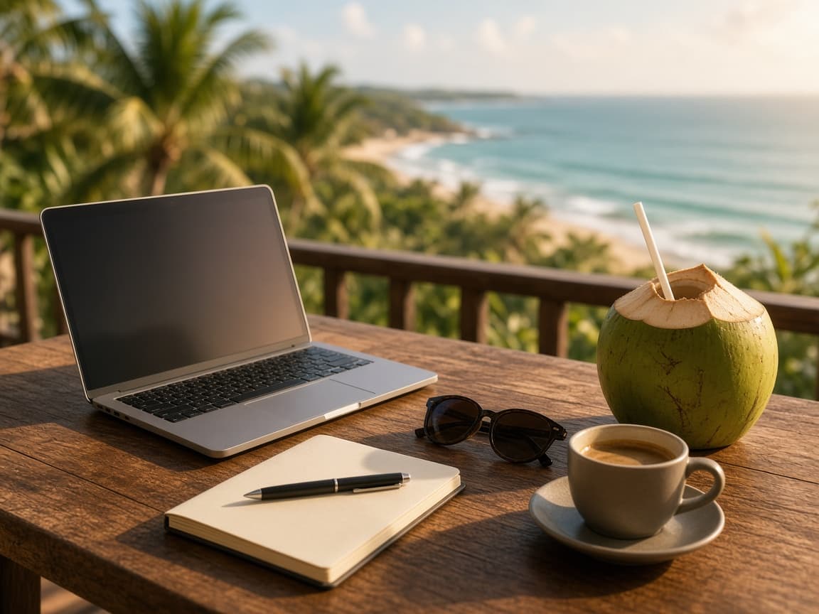 A laptop, a notebook, coffee and a fresh coconut on a wooden table with a palm-fringed beach beyond
